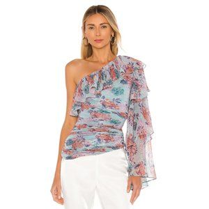NBD Johanne Romantic Floral Ruffled Metallic One Shoulder Blouse